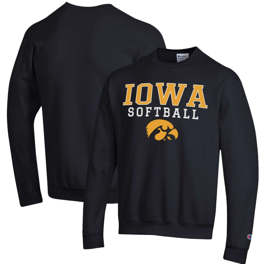 Men * | Sale Online Men'S Champion Black Iowa Hawkeyes Softball Stack Pullover Crewneck Sweatshirt