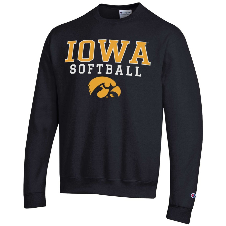 Men * | Sale Online Men'S Champion Black Iowa Hawkeyes Softball Stack Pullover Crewneck Sweatshirt