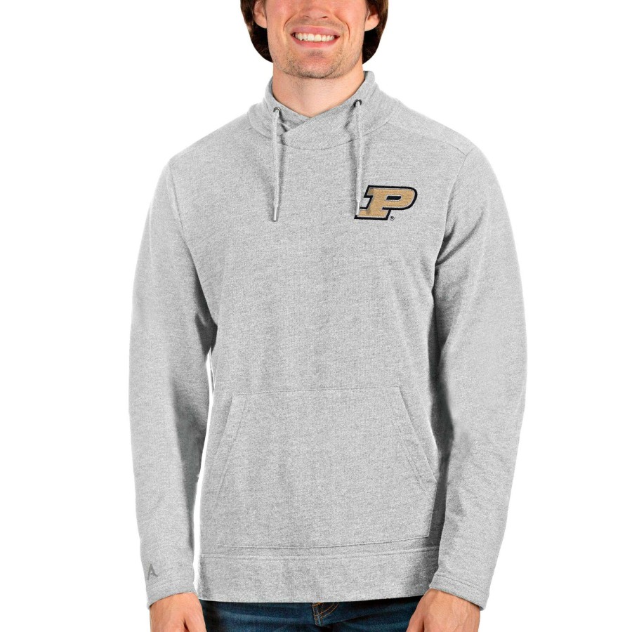 Men * | Good Quality Men'S Antigua Heathered Gray Purdue Boilermakers Reward Crossover Neckline Pullover Sweatshirt