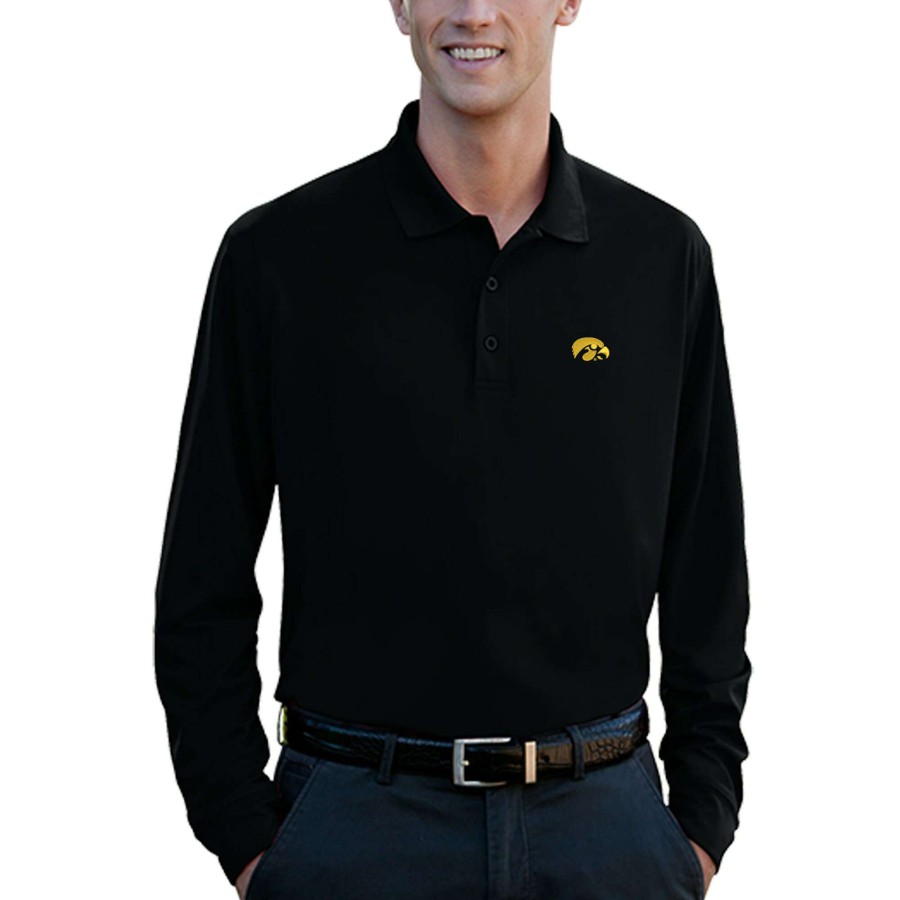 Men * | Online Discount Men'S Black Iowa Hawkeyes Vansport Omega Long Sleeve Solid Mesh Tech Polo